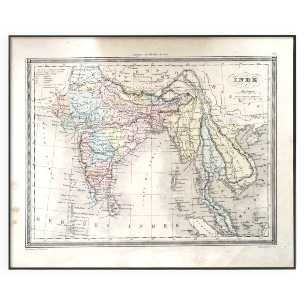 L'Inde, carte imprimée en 1852. Vintage Authentique. 29.5x24cm