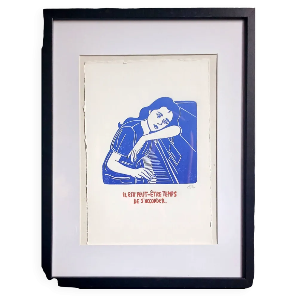 Linogravure Noémie Mahieux signée & encadrée.