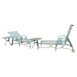 Lot 2 chaises longues anciennes fer forgé et ses 2 guéridons
