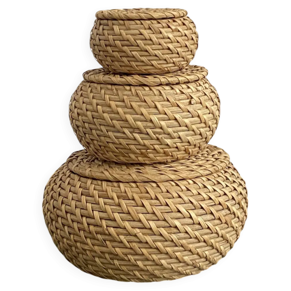 Lot de 3 boîtes gigognes rondes en rotin
