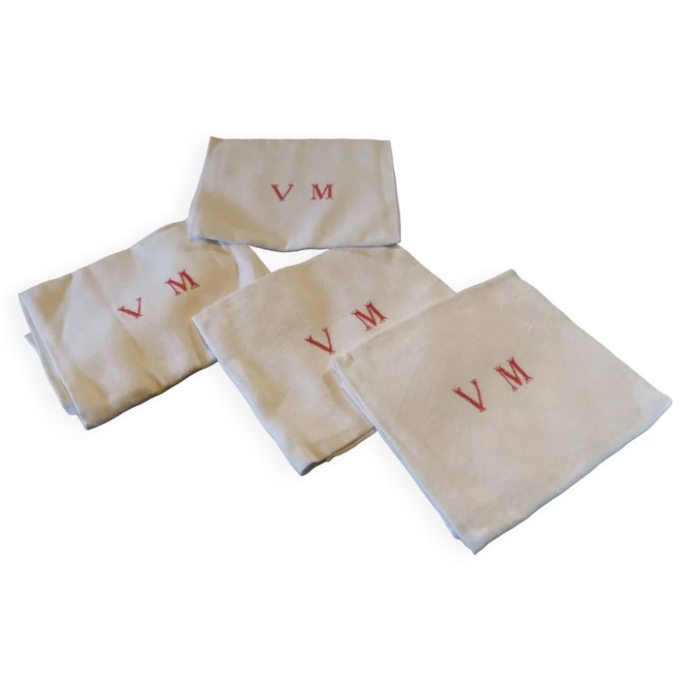 Lot de 4 grandes serviettes en lin monogramme brodé colori blanc