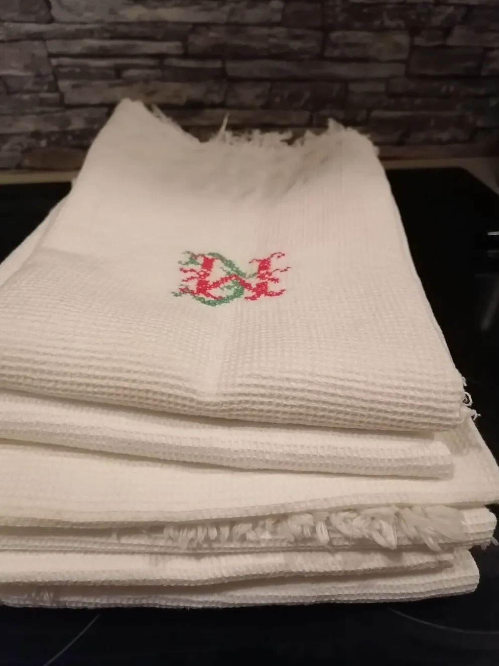 Lot de 6 serviettes toilette coton i nid d abeilles franges 1930 50
