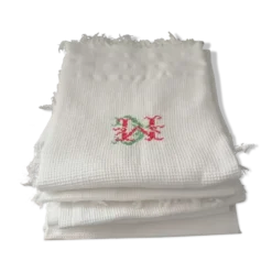 Lot de 6 serviettes toilette coton i nid d abeilles franges 1930 50