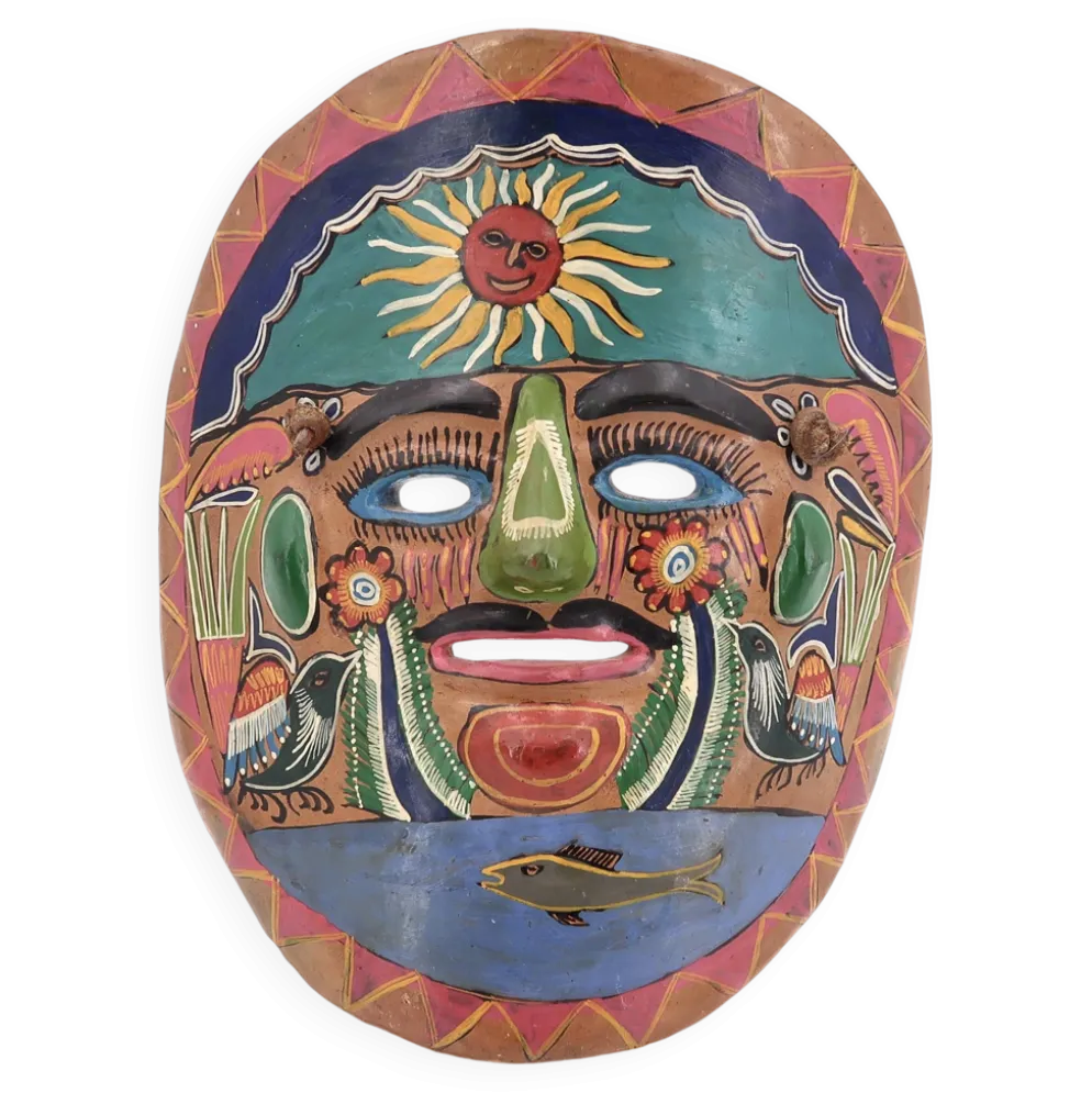 Masque du Mexique en terre cuite colorée, années 70