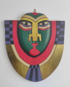 Masque mural artisanal décoratif en bois peint