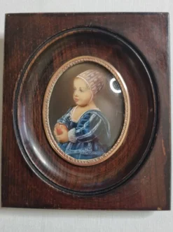 Miniature peinte “Baby Stuart” d’après Van Dyck cadre bois signé 11x13 cm