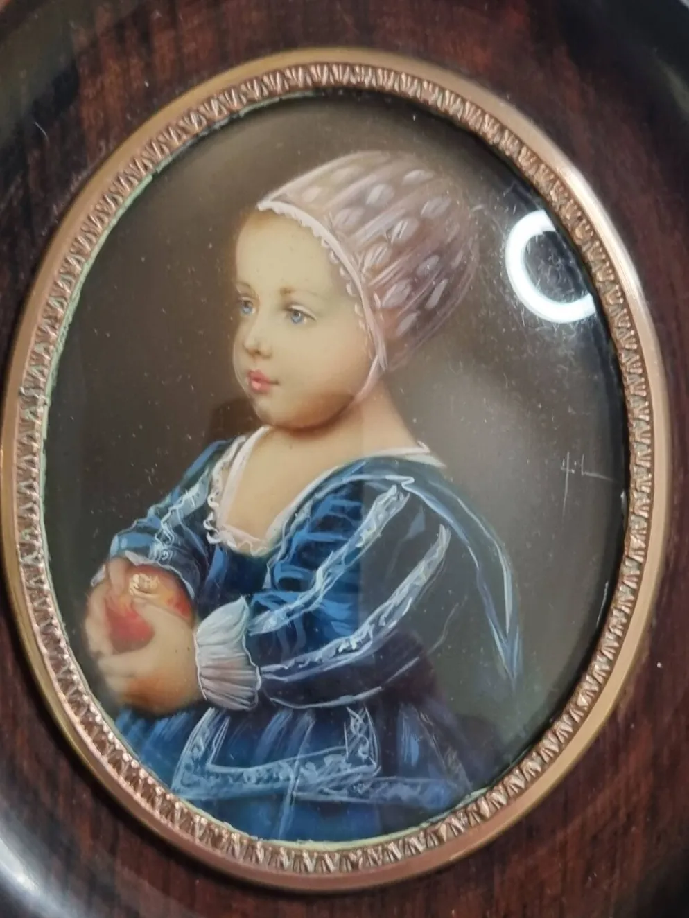 Miniature peinte “Baby Stuart” d’après Van Dyck cadre bois signé 11x13 cm