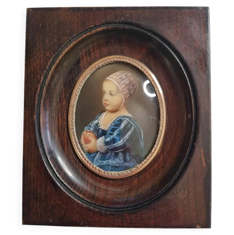 Miniature peinte “Baby Stuart” d’après Van Dyck cadre bois signé 11x13 cm