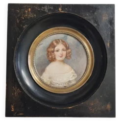 Miniature portrait de jeune femme romantique signée cadre bois 13 x 13 cm