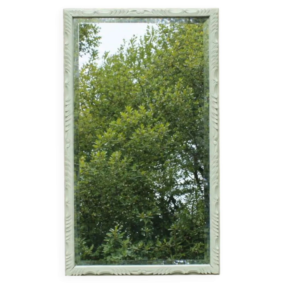 Miroir ancien biseauté en bois massif sculpté vert Lézard –