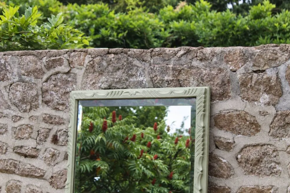 Miroir ancien biseauté en bois massif sculpté vert Lézard –