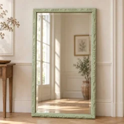 Miroir ancien biseauté en bois massif sculpté vert Lézard –