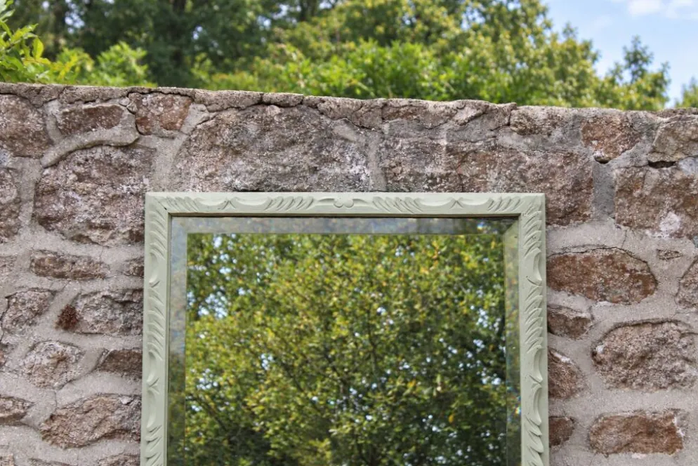 Miroir ancien biseauté en bois massif sculpté vert Lézard –