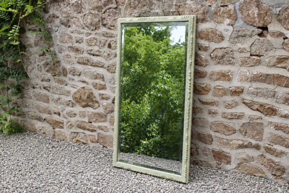 Miroir ancien biseauté en bois massif sculpté vert Lézard –