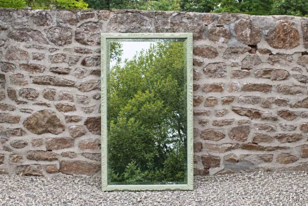 Miroir ancien biseauté en bois massif sculpté vert Lézard –