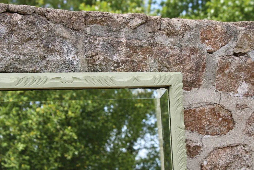 Miroir ancien biseauté en bois massif sculpté vert Lézard –