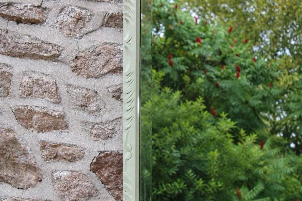 Miroir ancien biseauté en bois massif sculpté vert Lézard –