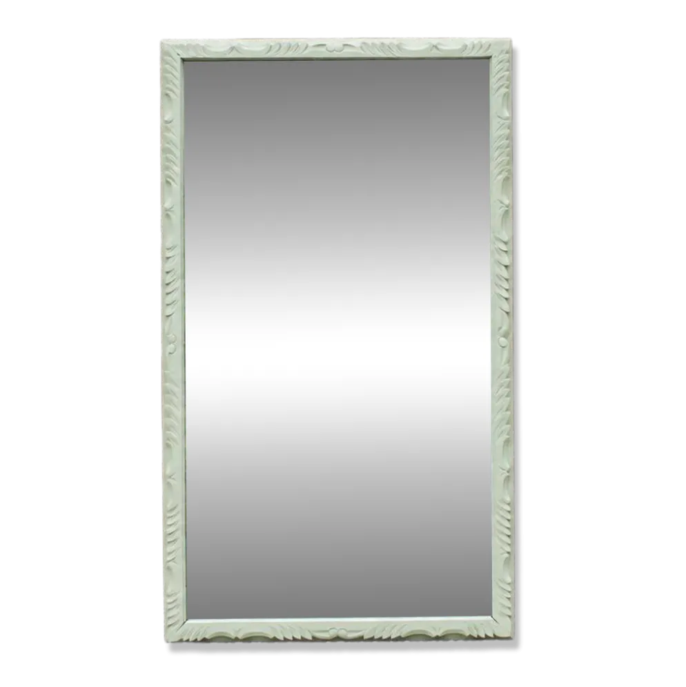 Miroir ancien biseauté en bois massif sculpté vert Lézard –