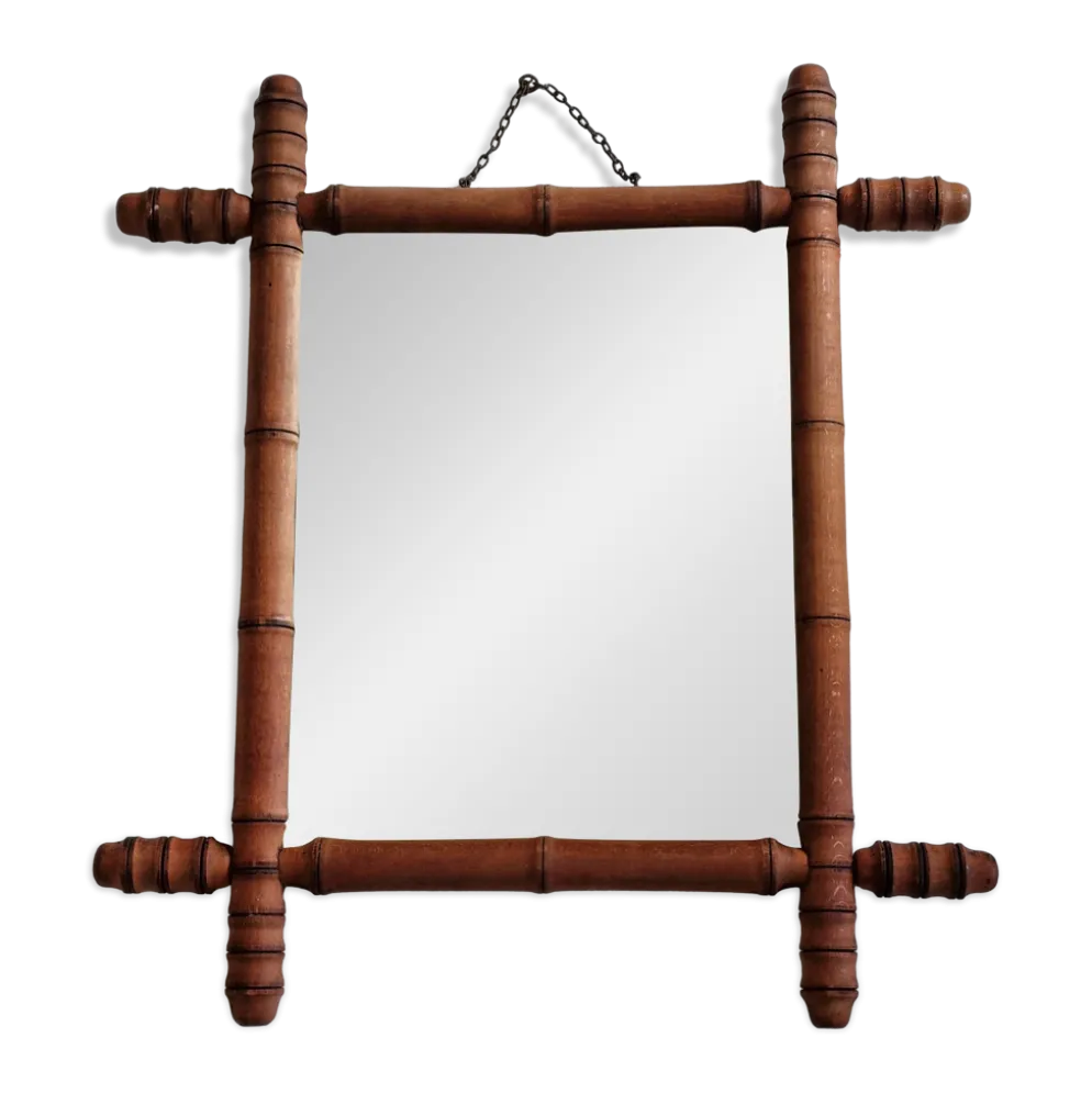 Miroir ancien en bois tourné à l'imitation du bambou, 43 x 49 cm