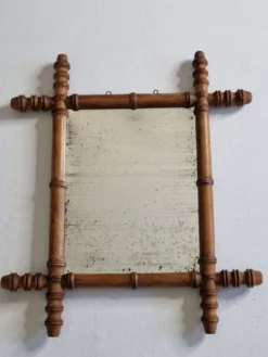 Miroir ancien en bois tourné style bambou, fin XIXe siècle, 44 x 38 cm