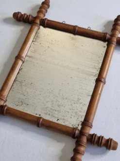 Miroir ancien en bois tourné style bambou, fin XIXe siècle, 44 x 38 cm