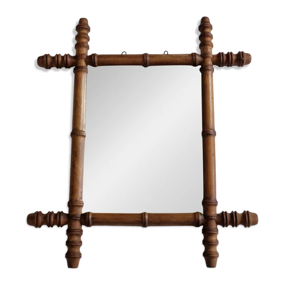 Miroir ancien en bois tourné style bambou, fin XIXe siècle, 44 x 38 cm