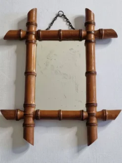 Miroir ancien en bois tourné style bambou, fin XIXe siècle, 38 x 31 cm