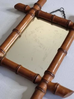 Miroir ancien en bois tourné style bambou, fin XIXe siècle, 38 x 31 cm