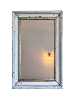 Miroir ancien patine shabby chic blanc et doré, glace Mercure piqué