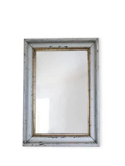 Miroir ancien patine shabby chic blanc et doré, glace Mercure piqué