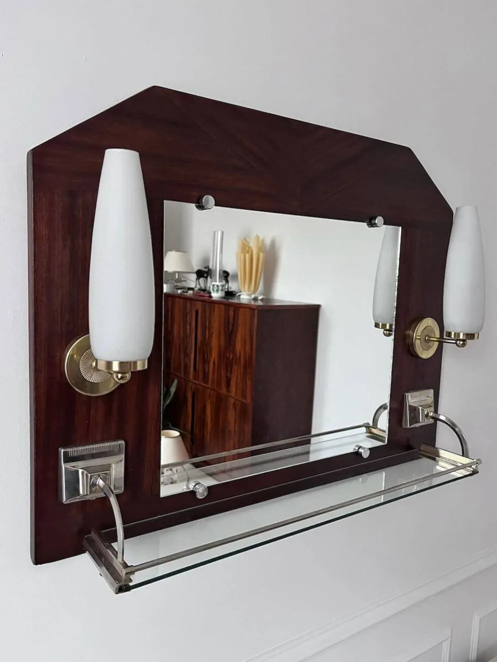 Miroir appliques en teck et opalines
