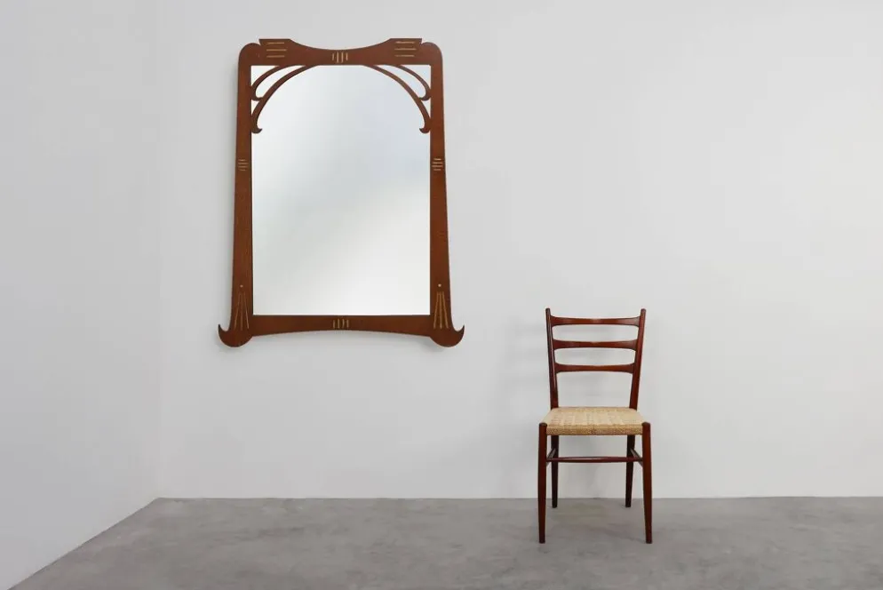 Miroir Art Nouveau en chêne avec incrustation dorée, France vers 1915
