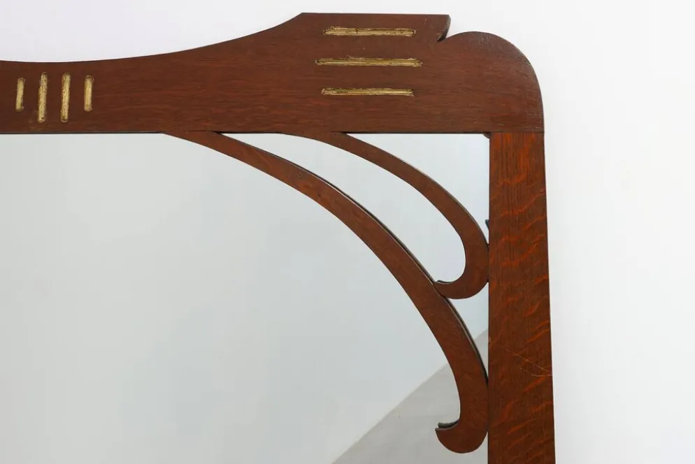 Miroir Art Nouveau en chêne avec incrustation dorée, France vers 1915