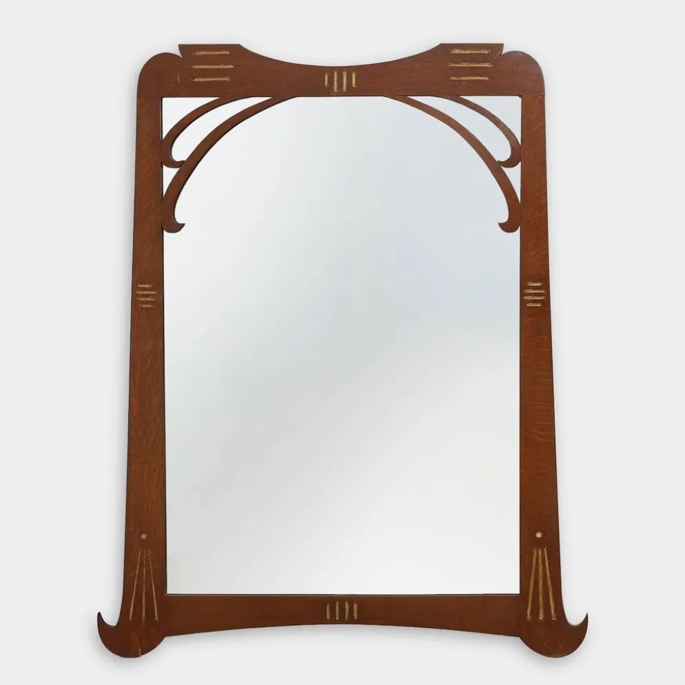 Miroir Art Nouveau en chêne avec incrustation dorée, France vers 1915