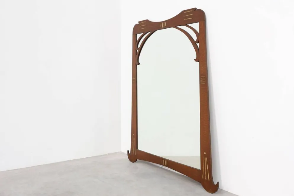 Miroir Art Nouveau en chêne avec incrustation dorée, France vers 1915