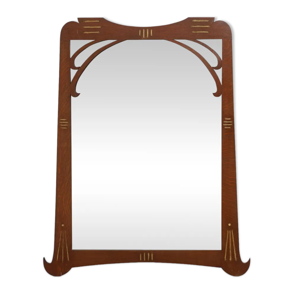 Miroir Art Nouveau en chêne avec incrustation dorée, France vers 1915