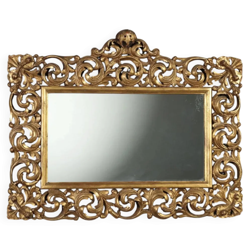 Miroir baroque ancien en bois sculpté et doré, Italie, XXe siècle