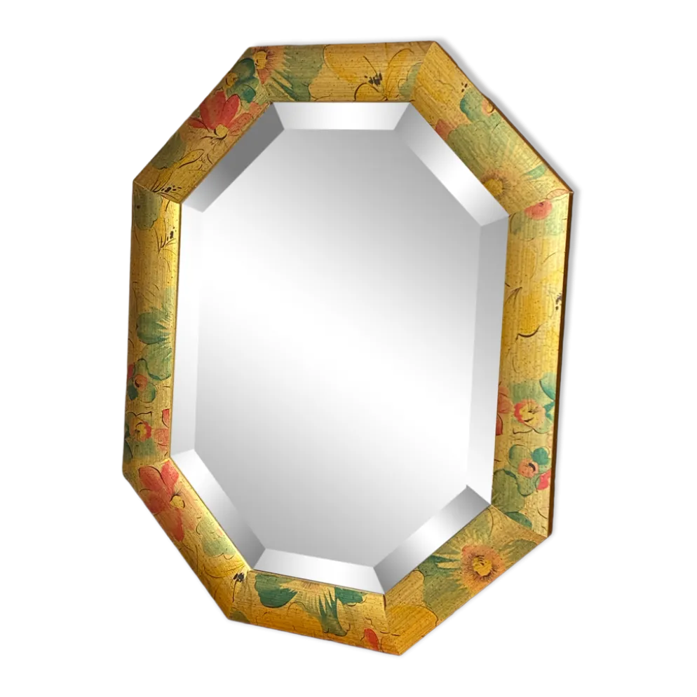 Miroir biseauté, de forme octogonale, en bois