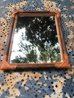 Miroir bois et rotin vintage années 60