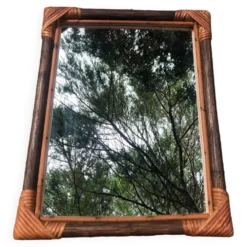 Miroir bois et rotin vintage années 60
