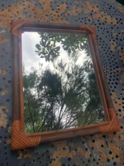 Miroir bois et rotin vintage années 60