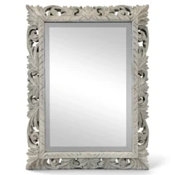 Miroir à cadre en bois sculpté ajouré patiné gris clair