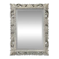 Miroir à cadre en bois sculpté ajouré patiné gris clair