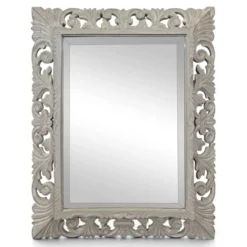 Miroir à cadre en bois sculpté ajouré patiné gris