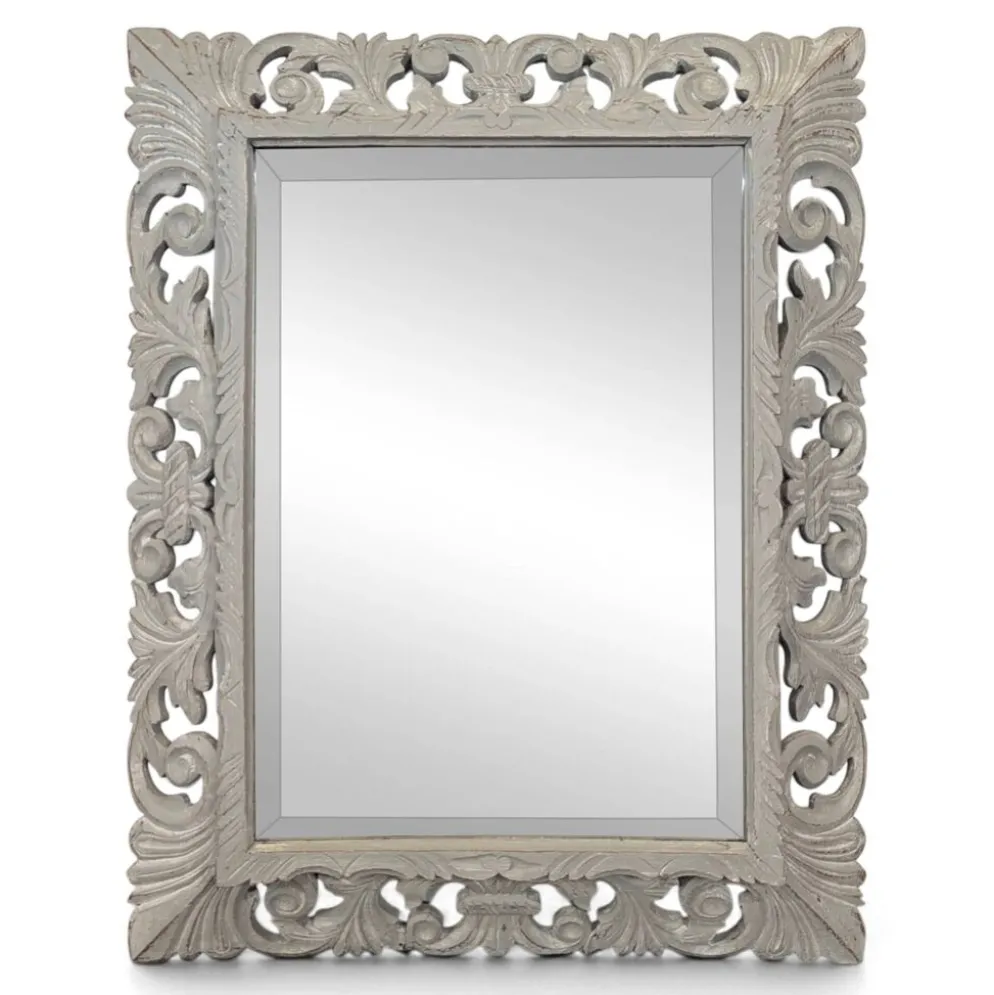 Miroir à cadre en bois sculpté ajouré patiné gris