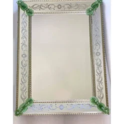 Miroir contemporain en verre de Murano italien avec accents floraux verts élégant