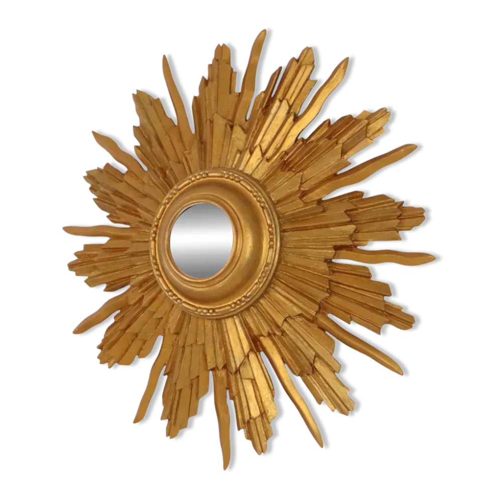 Miroir convexe en bois vintage en forme de soleil, doré, 46 cm