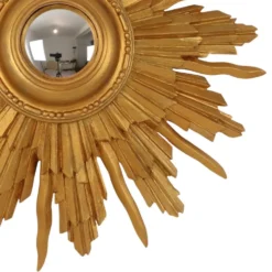 Miroir convexe en bois vintage en forme de soleil, doré, 46 cm