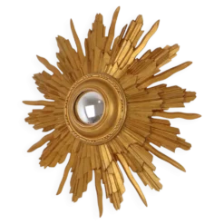 Miroir convexe en bois vintage en forme de soleil, doré, 46 cm
