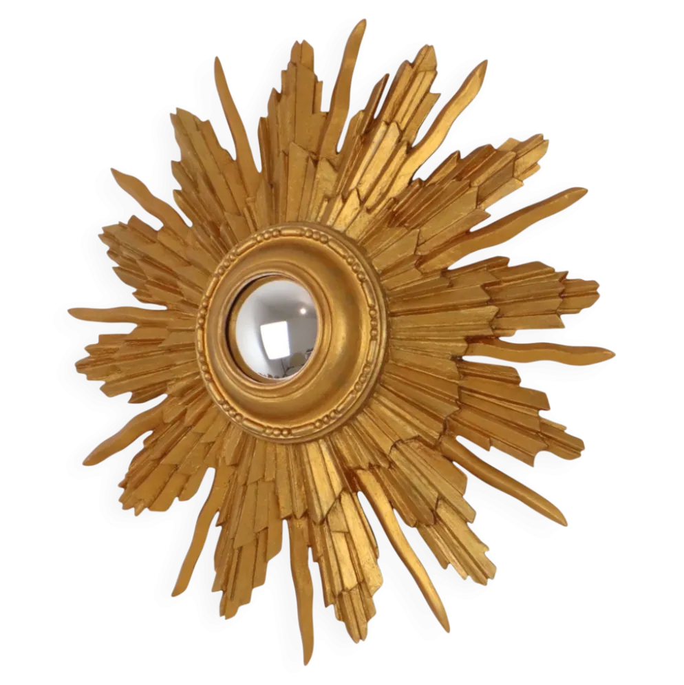 Miroir convexe en bois vintage en forme de soleil, doré, 46 cm